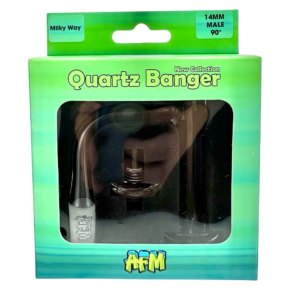 AFM Milky Way Quartz Dab Banger Set in packaging, 14MM Male 90Β° angle, clear view