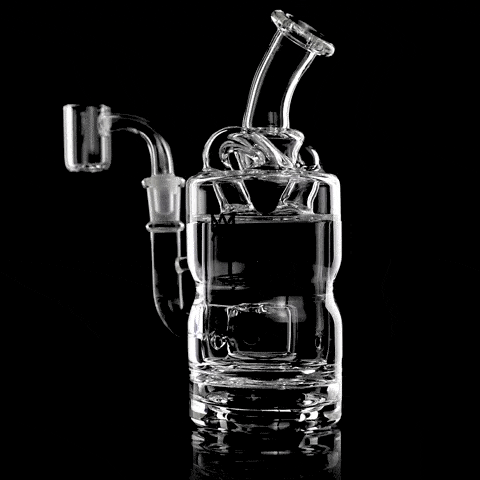 MJ Arsenal Turbine Mini Rig with intricate glasswork, 6" tall, 10mm female joint, front view on black