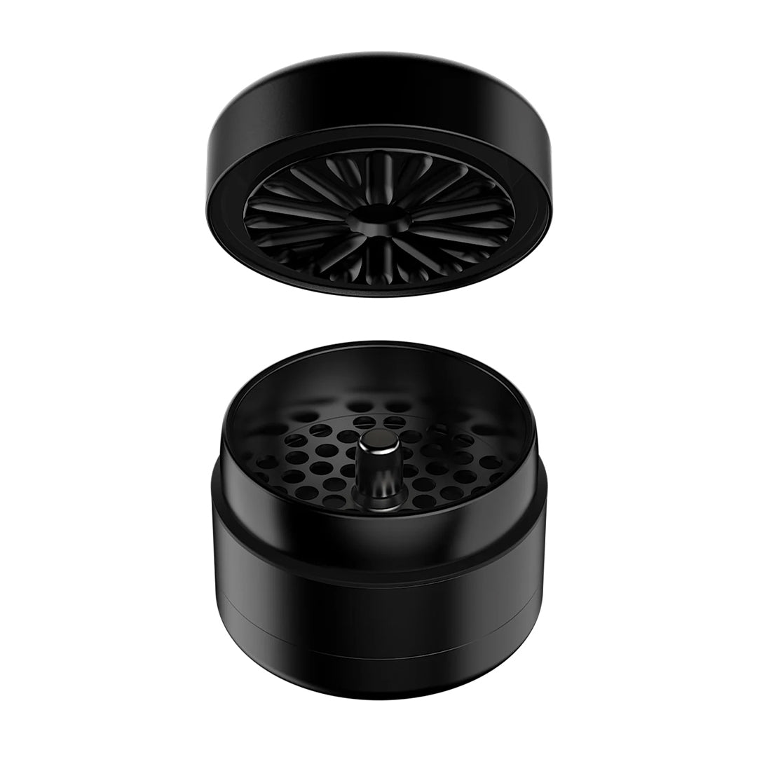Flower Mill 2.5" Premium Grinder in Black with Milling Technology - Top and Inside View