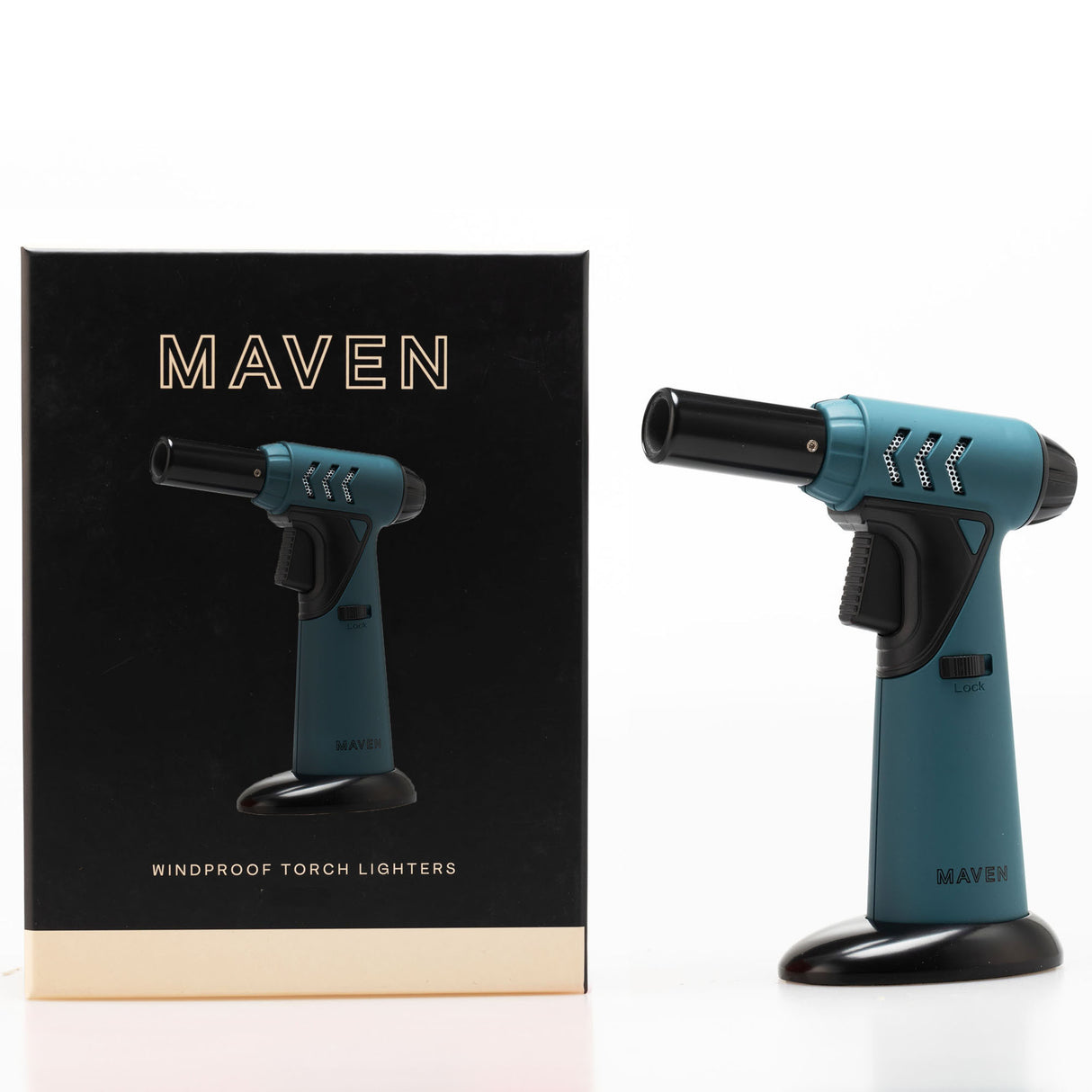 Maven Torch Tornado in Midnight Green with Safety Lock and Adjustable Flame, side view next to packaging