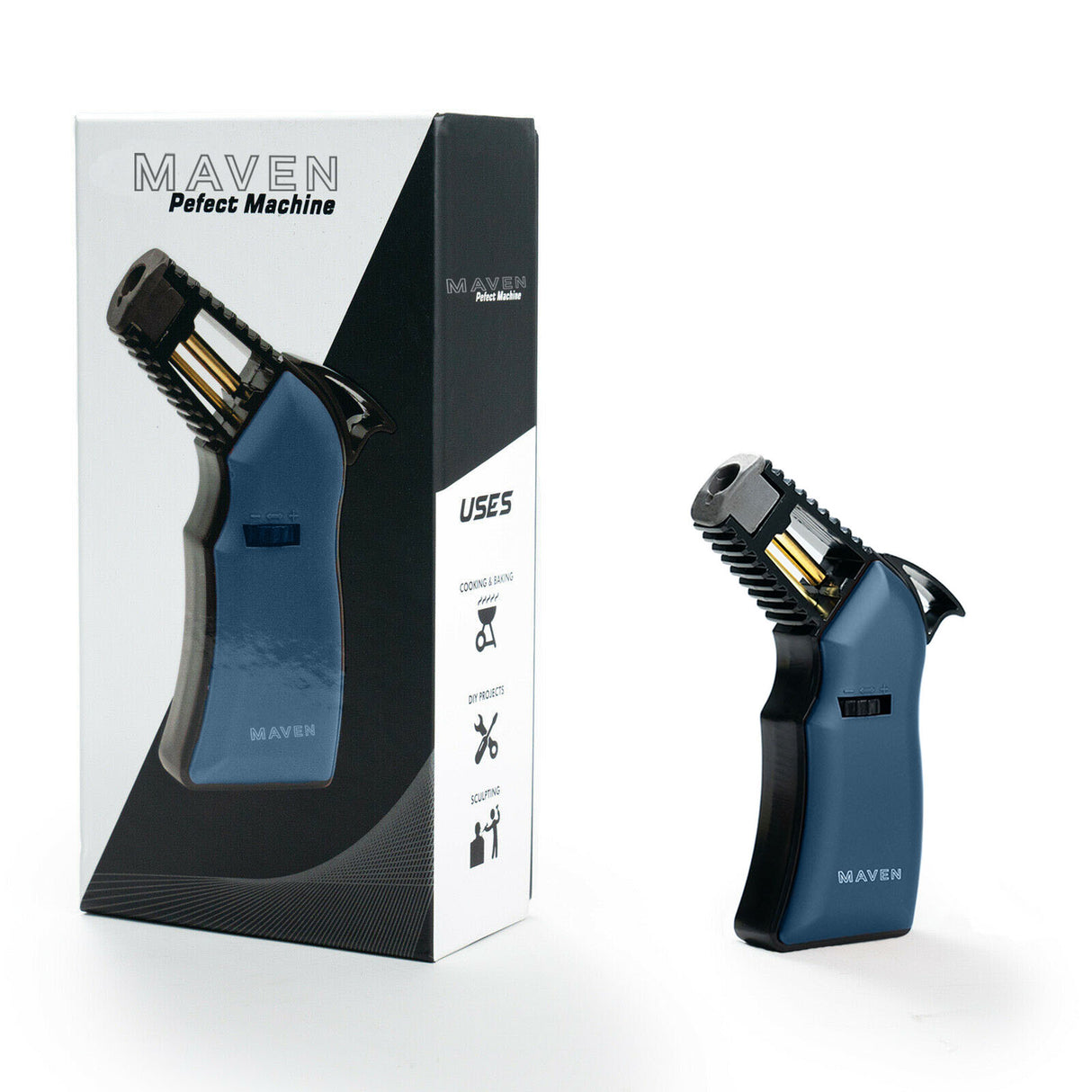 Maven Torch Perfect Machine in Midnight Green with metallic finish and single jet flame, next to its packaging