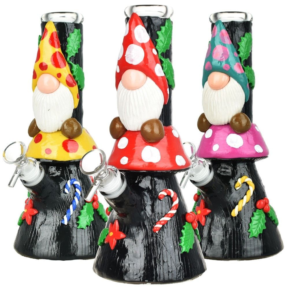 Mushroom Family 9.5" Enchanted Gnome Beaker Water Pipe with UV Accents - Colors Vary