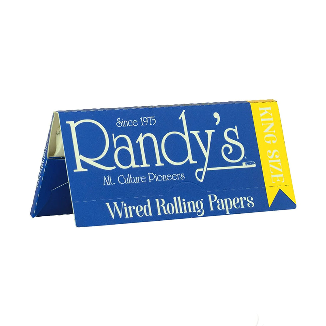 Randy's King-Size Gold Wired Rolling Papers 25 Pack angled front view on white background