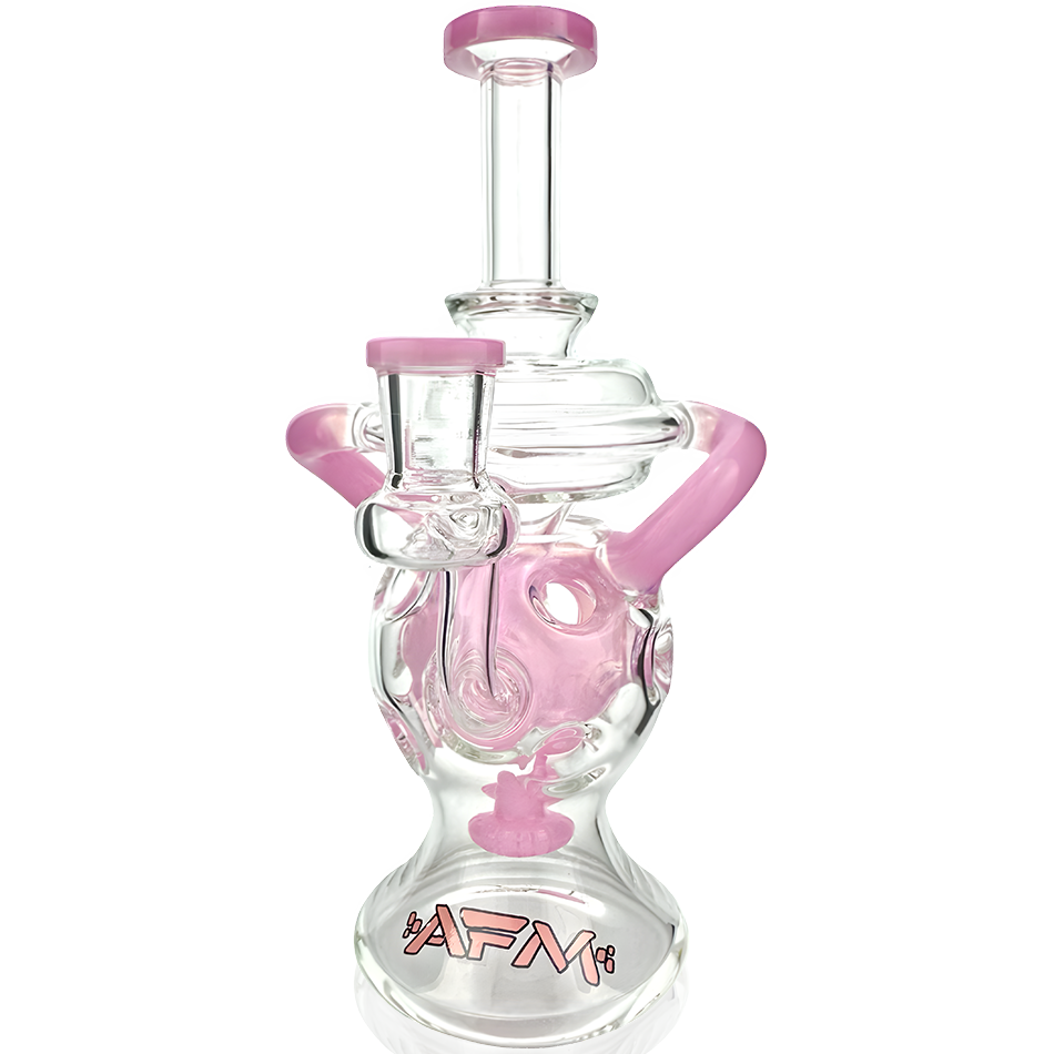 9" AFM Swiss Glass Recycler Dab Rig with Pink Accents and Showerhead Perc, Front View
