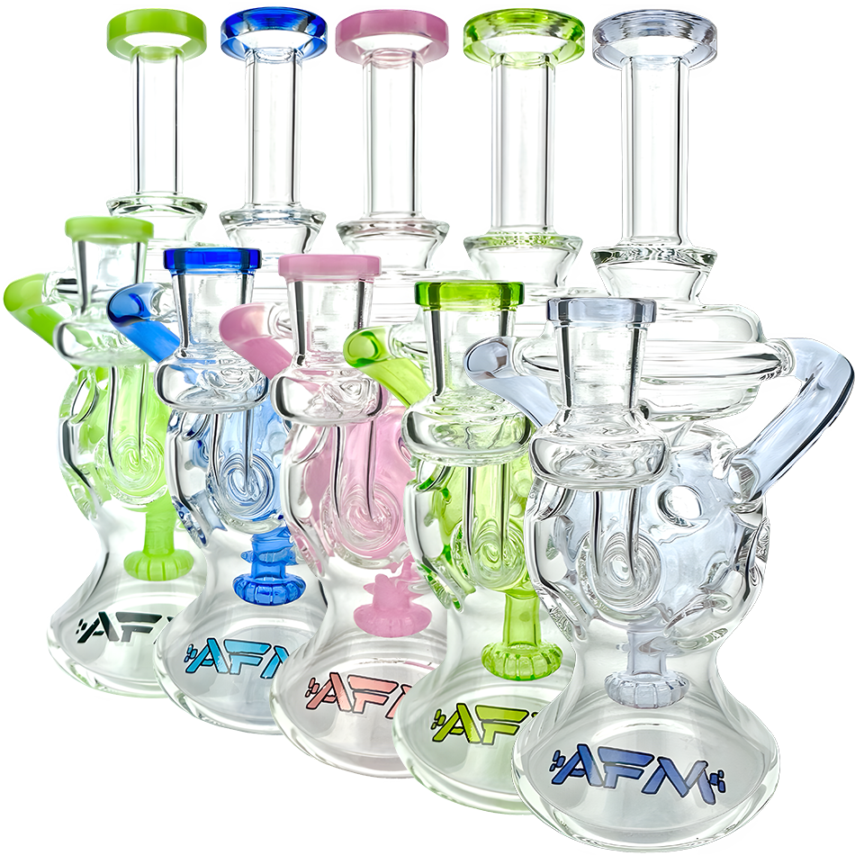 Assortment of 9" AFM Swiss Color Glass Recycler Dab Rigs with Showerhead Perc, front view