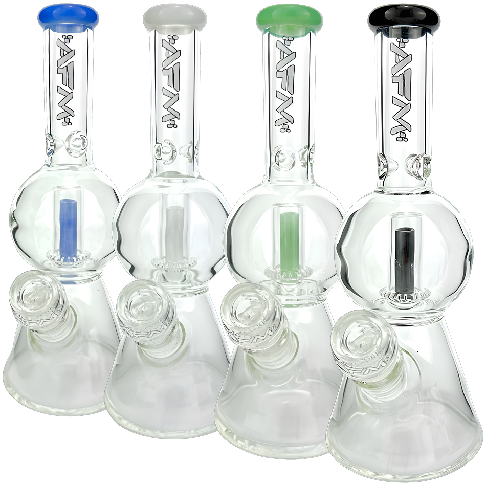 AFM Glass 12" Bubble Globe Beaker Bongs with Colored Accents, Front View