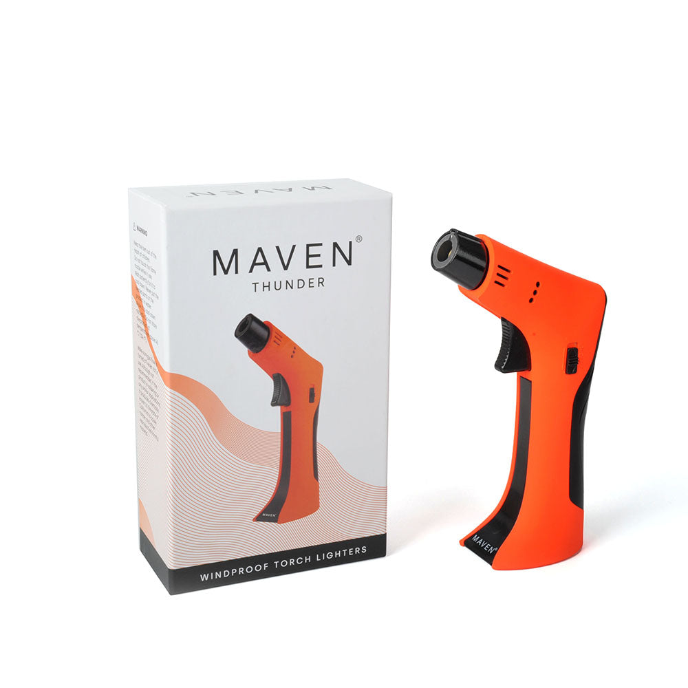 Maven Torch Thunder in Orange: Windproof Jet Flame with Safety Lock, shown with packaging