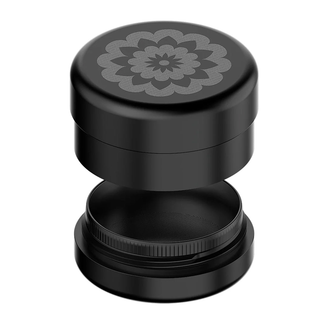 Flower Mill 2.5" Premium Grinder in Black - Front View with Etched Design