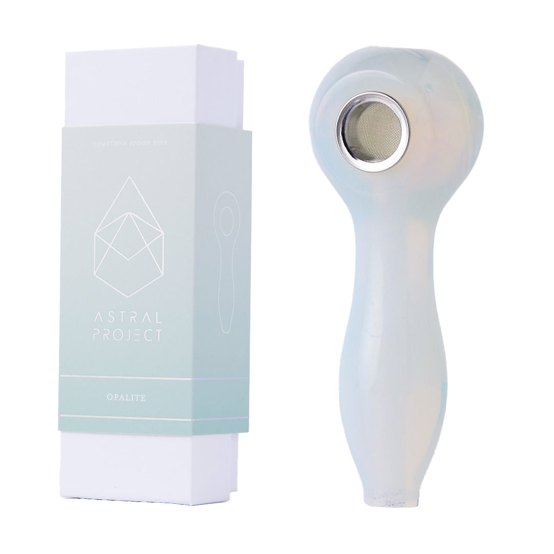 Astral Project Opalite Gemstone Spoon Pipe next to its box, with a focus on the deep bowl design
