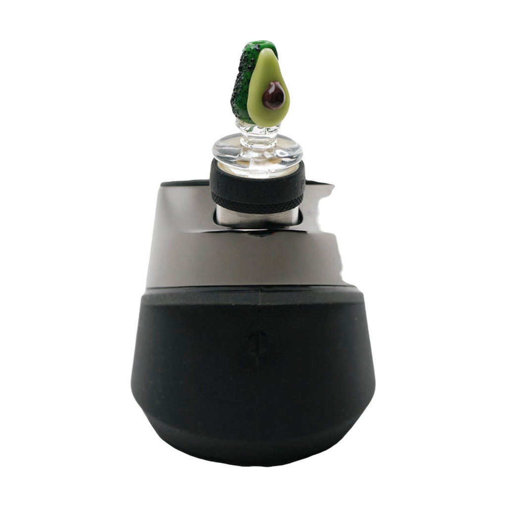 Empire Glassworks Avocadope Puffco Peak Glass Carb Cap, front view on black vaporizer base