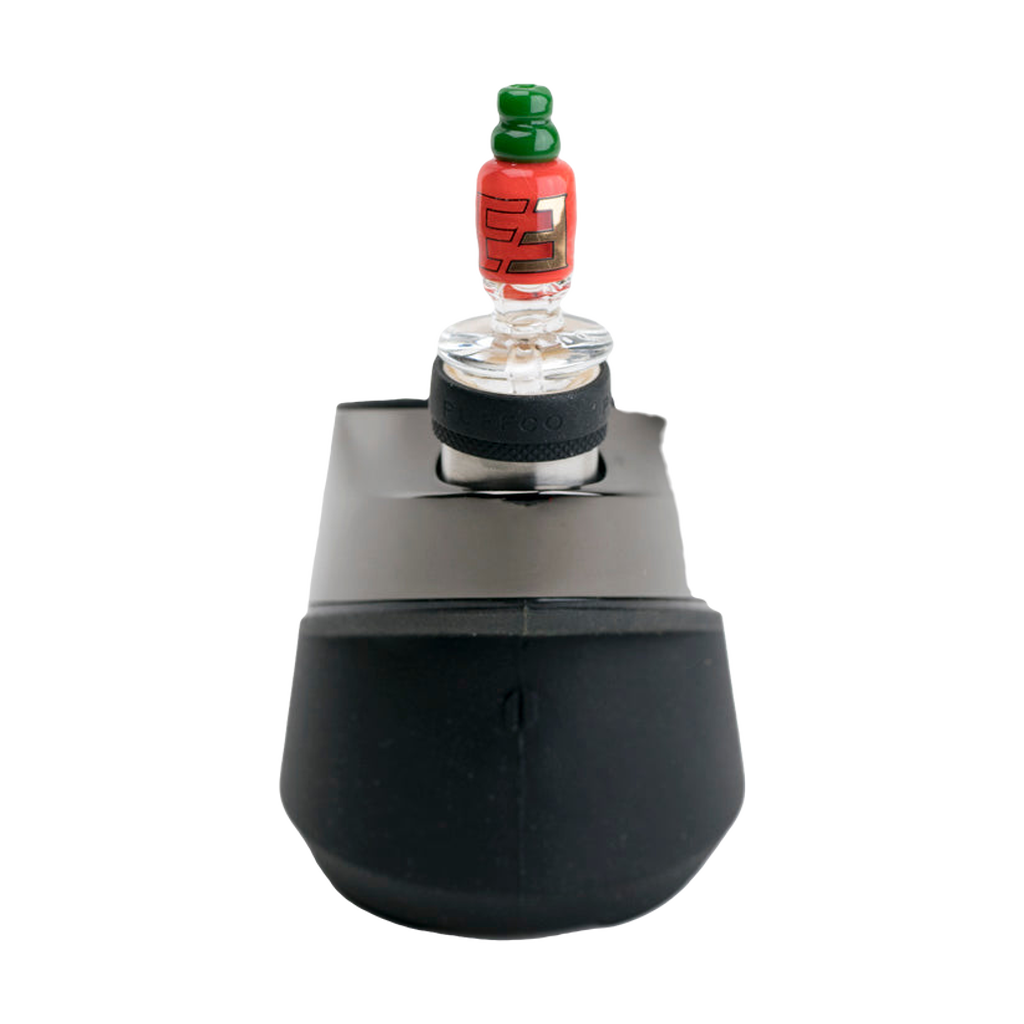 Empire Glassworks Sriracha Bottle Carb Cap for Puffco Peak, Front View on Black Base