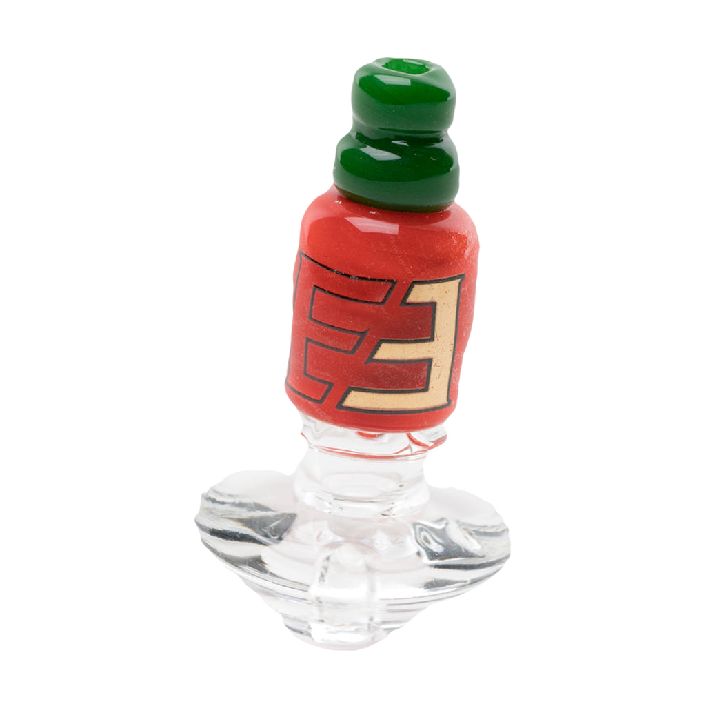 Empire Glassworks Sriracha Bottle Puffco Peak Glass Carb Cap, Front View on White Background
