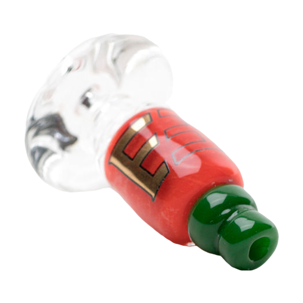 Empire Glassworks Sriracha Bottle Puffco Peak Glass Carb Cap, Angled View on White Background