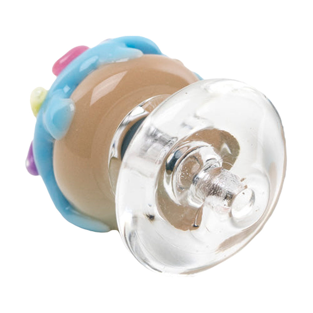 Empire Glassworks Blue Donut Carb Cap for Dab Rigs, angled side view on white