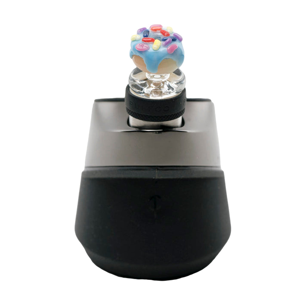 Empire Glassworks Blue Donut Glass Carb Cap for Puffco Peak, Top View on Black Stand