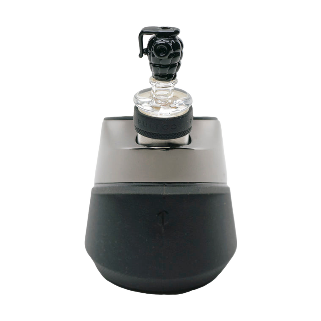 Empire Glassworks Grenade Puffco Peak Glass Carb Cap, Front View on Black Vaporizer Base