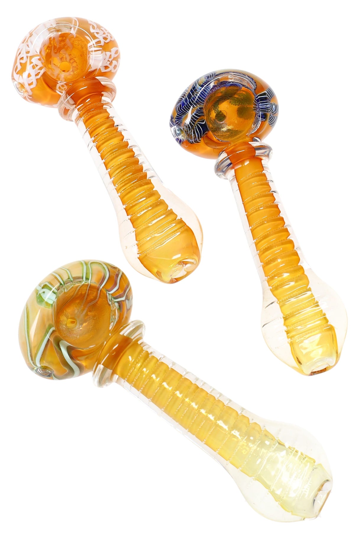 Gold Fumed Squiggle-Striped Ridged Glass Spoon Pipe - 4" - Assorted Colors