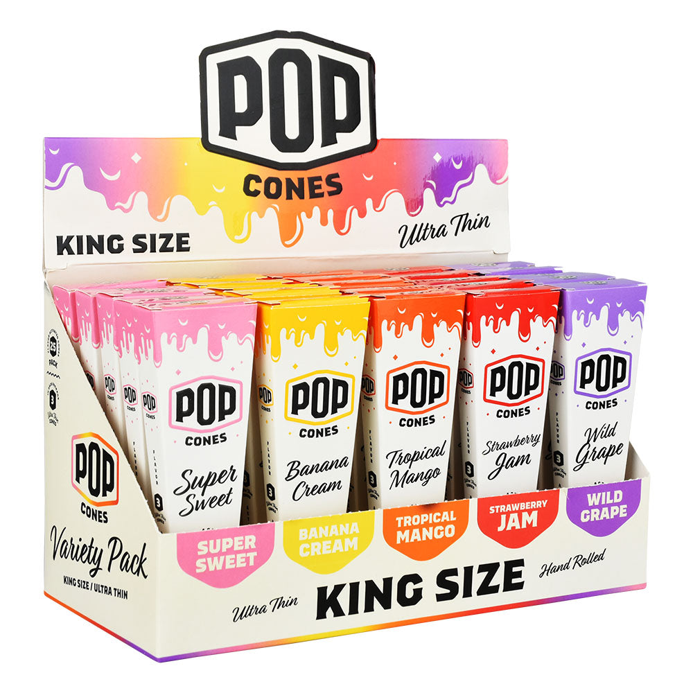 POP Cones King Size Ultra Thin Rolling Papers, Assorted Flavors Display Box - Front View