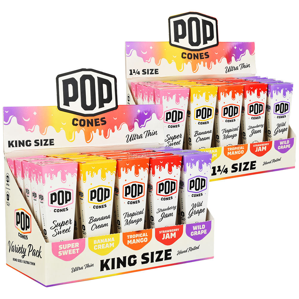 POP Cones Ultra Thin 25pc Display with Assorted Flavors in King and 1 1/4 Sizes