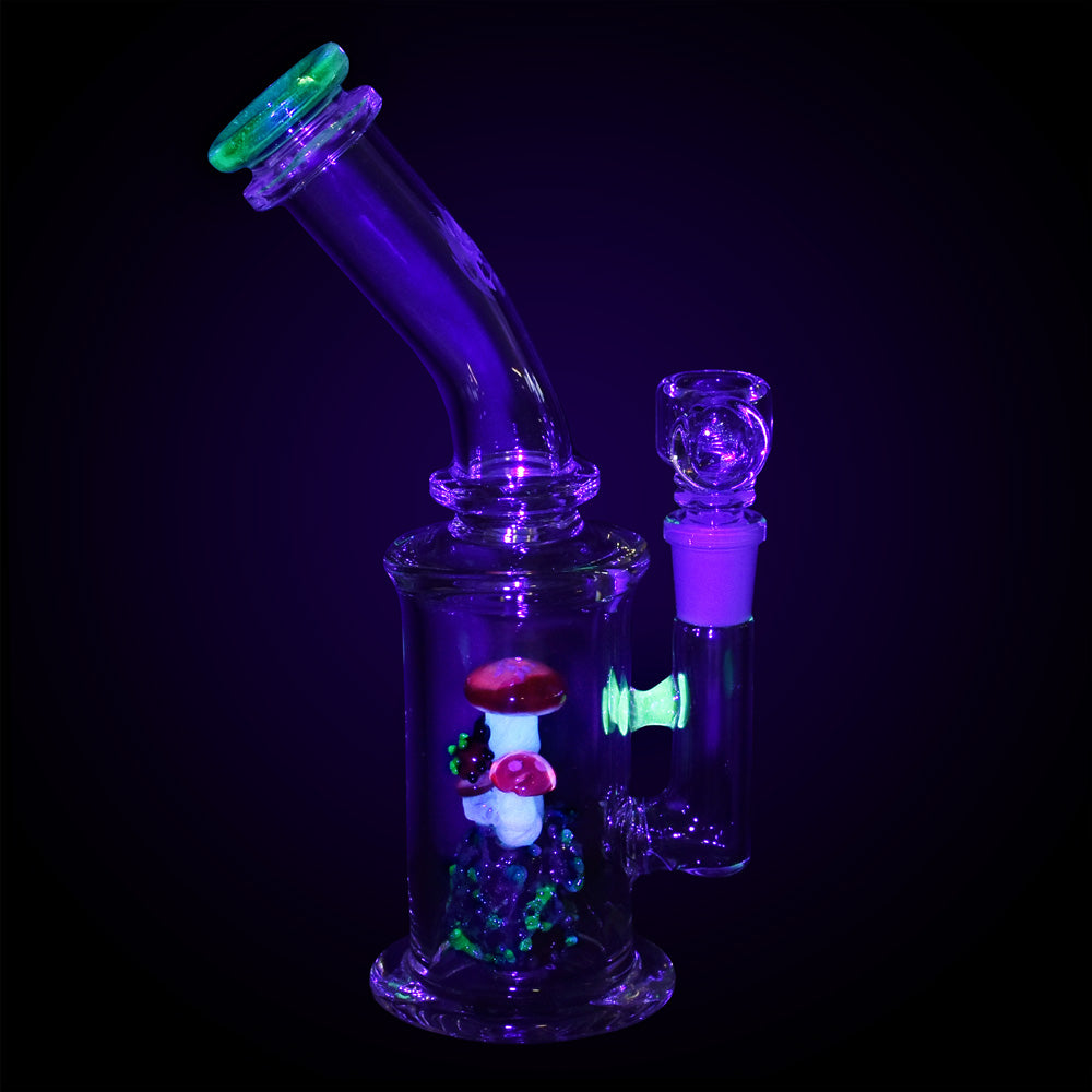 Empire Glassworks UV Nano Rig with Cosmic Mushrooms design, 8.5" tall, 14mm Female Connector, UV Reactive