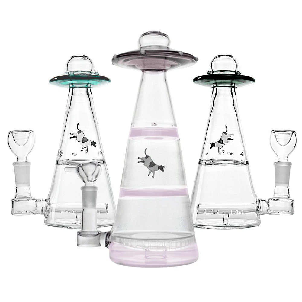 Hemper UFO Vortex Water Pipe with Colored Accents, Borosilicate Glass, Front and Side Views