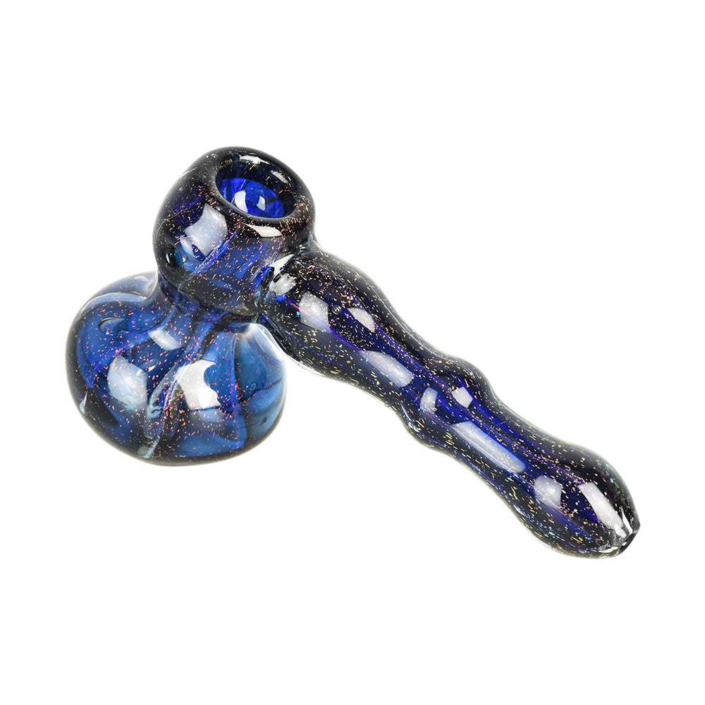 Billion Galaxies Hammer Bubbler Pipe - 6.5" with Blue Swirls and Glitter, Borosilicate Glass
