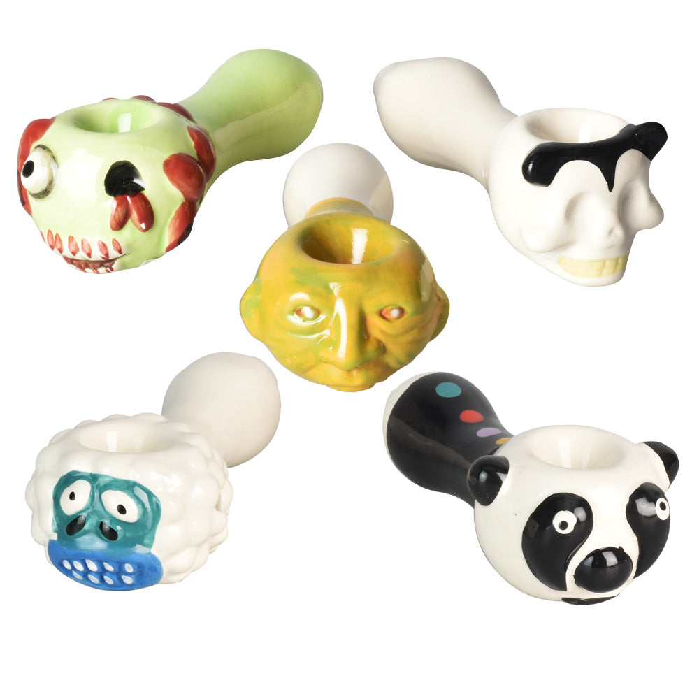 Assorted Ghoulish Creature Ceramic Hand Pipes, 4.5" Spoon Style, 5PC Set