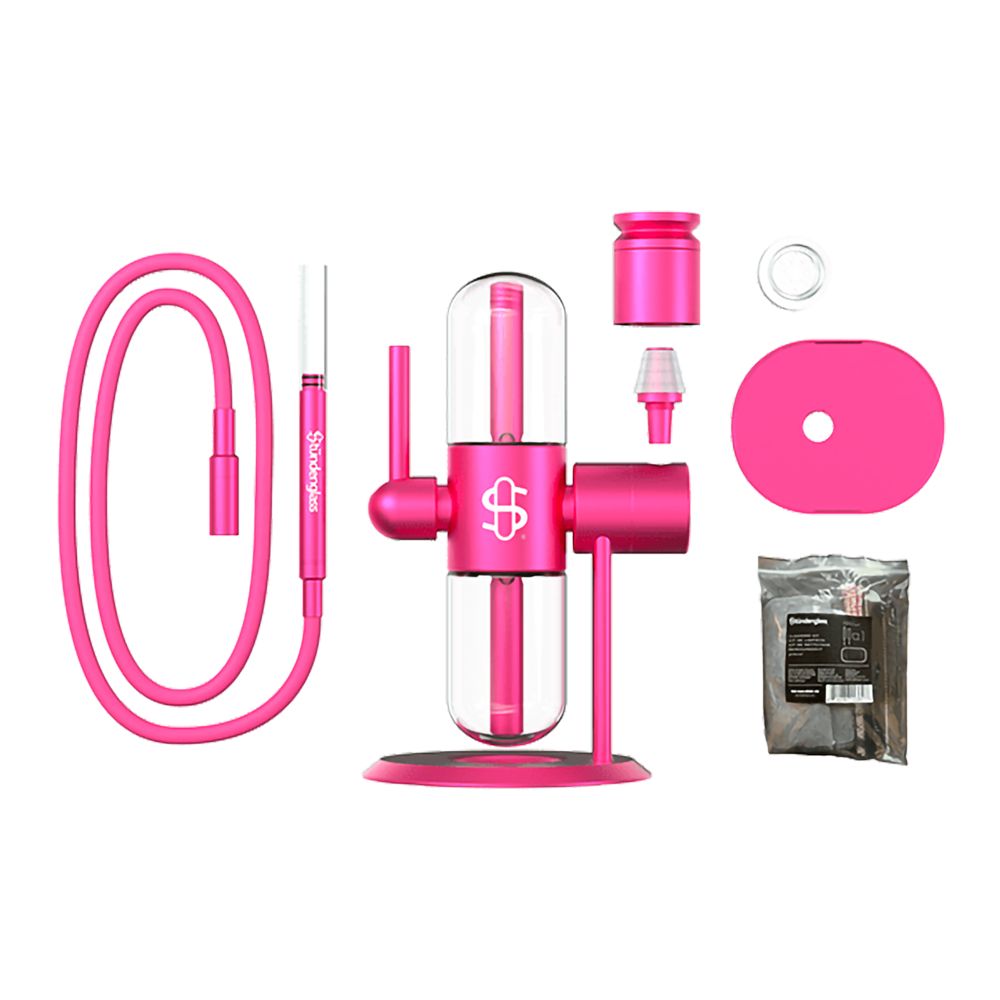 Stündenglass Kompact Infuser Water Pipe in pink with accessories, front view on white background