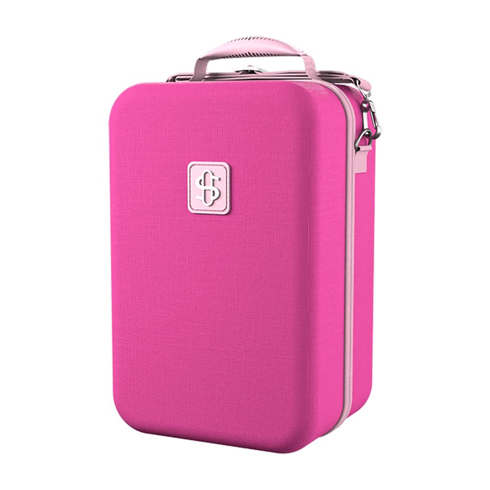 Stündenglass Kompact Infuser Water Pipe in a protective pink carrying case with handle, front view.
