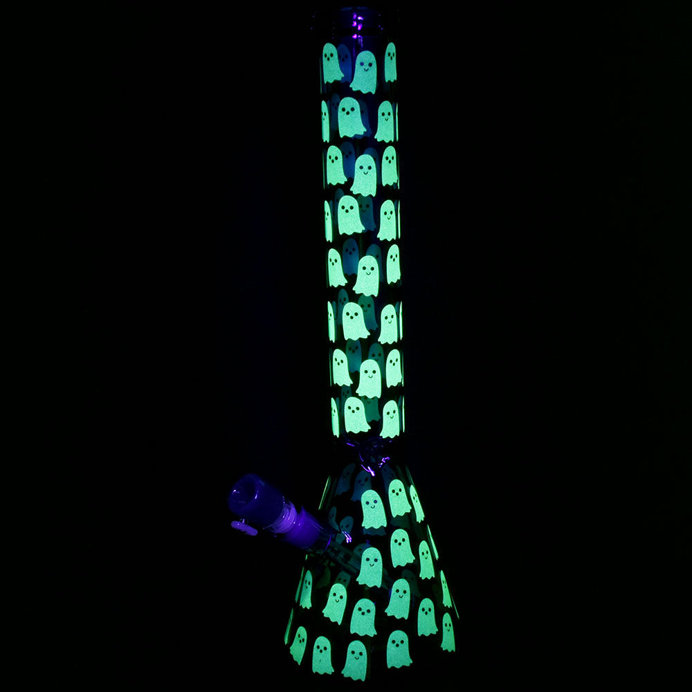 Ghostly Glow Beaker Water Pipe with Borosilicate Glass and Colorful Ghost Patterns in Dark