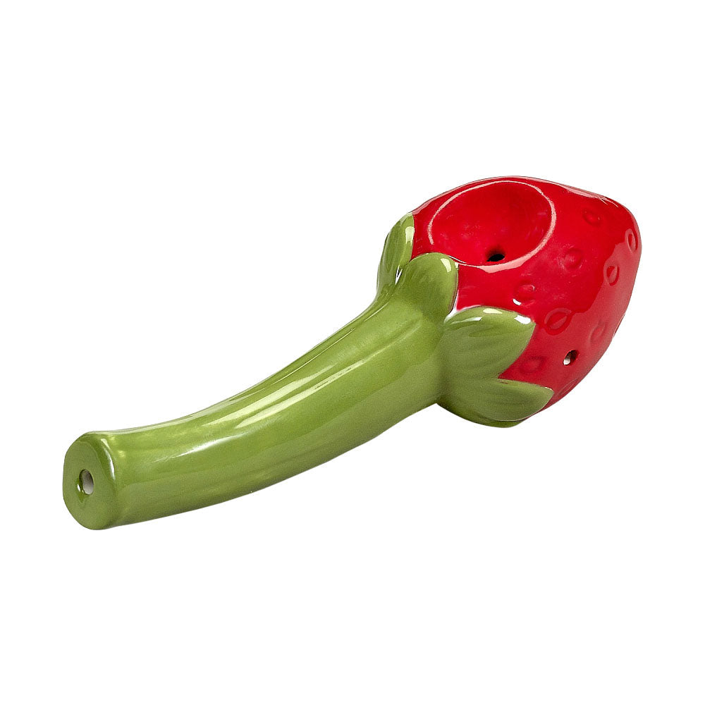 Strawberry Ceramic Pipe 5" - Red and Green Handheld Smoking Device Side View