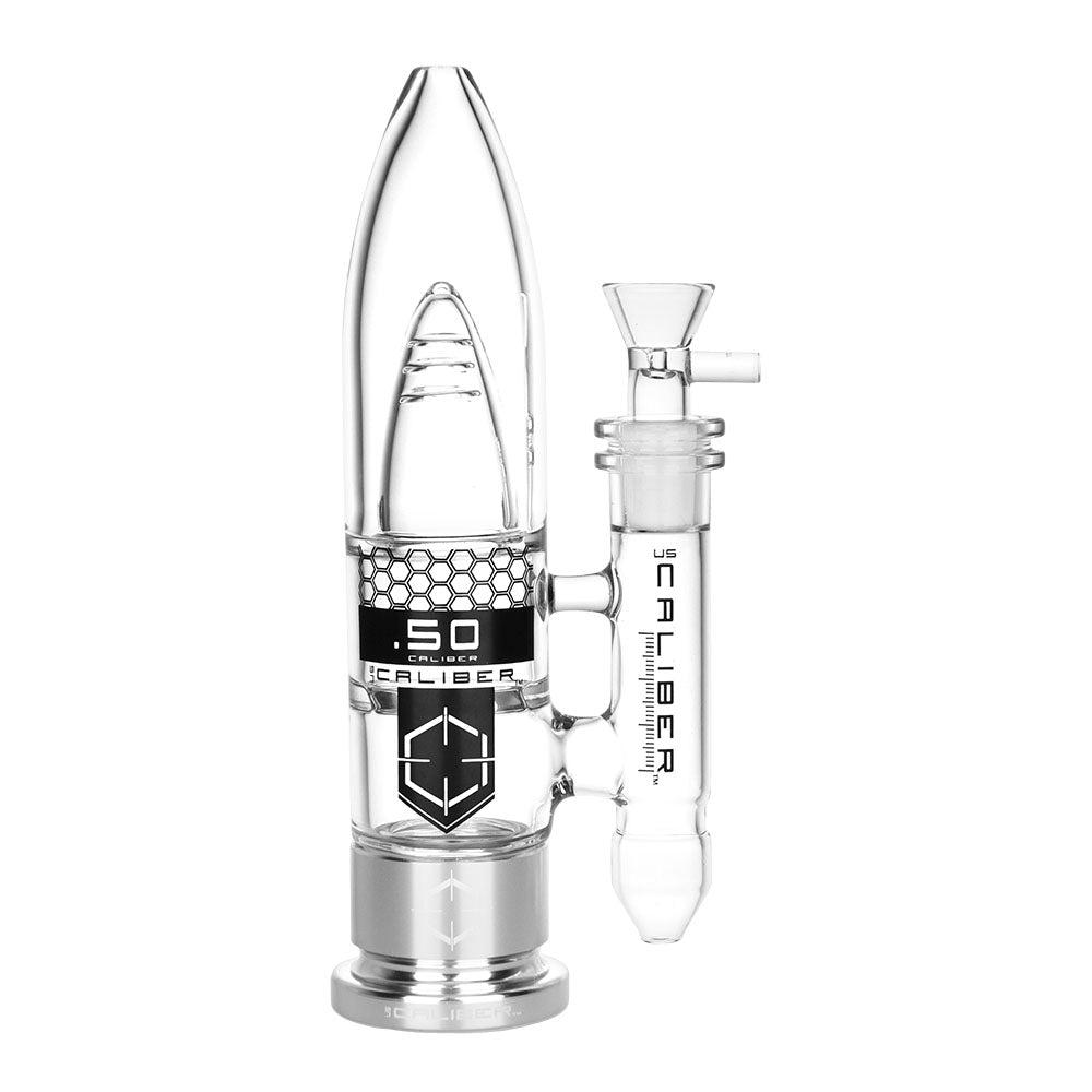 US Caliber Designs .50 Water Pipe, 9.25" tall, 19mm female joint, bullet-shaped bong, front view on white