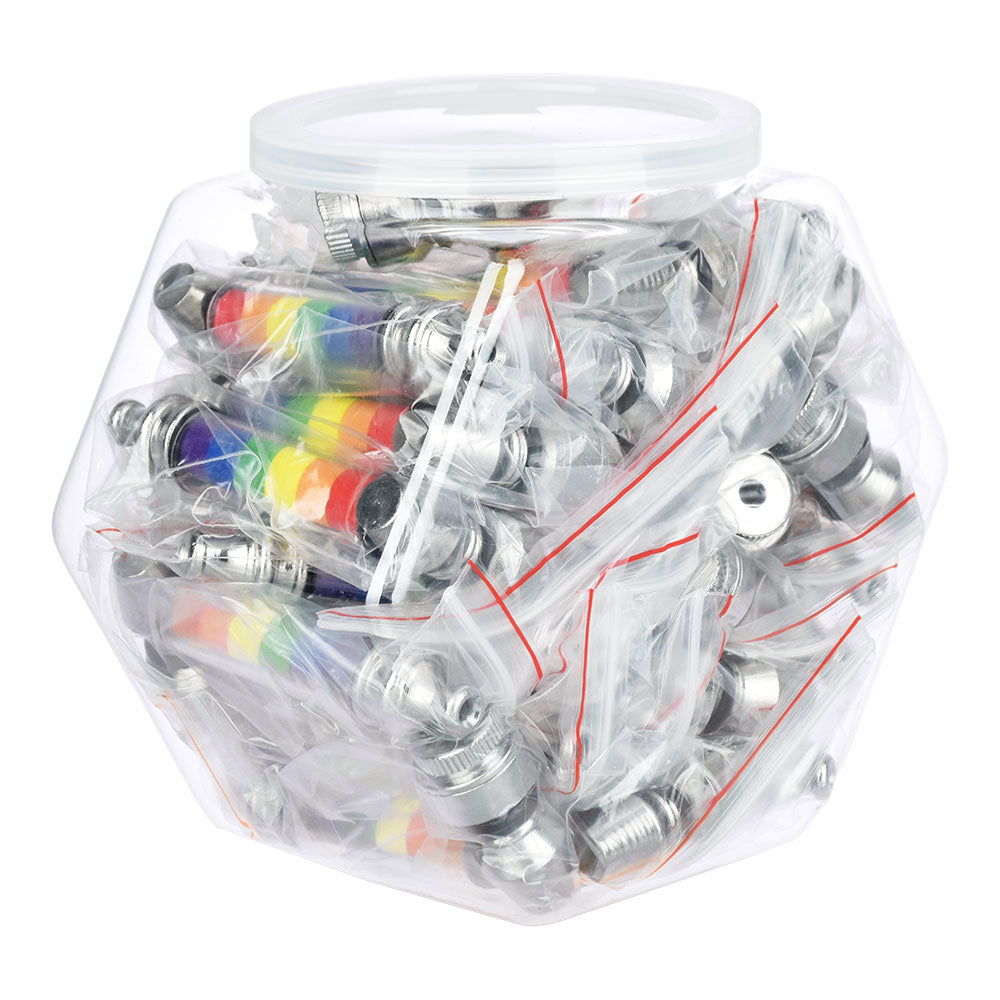 Pulsar Aluminum Hand Pipes in Rainbow, 3-inch, in a clear jug, angled view