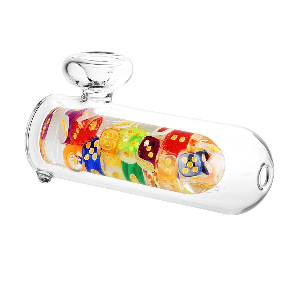 Feelin' Lucky Glass Hand Pipe - 5.25" with colorful dice design, borosilicate glass, side view