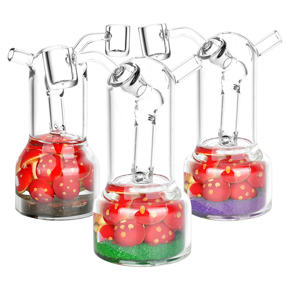 Trio of Mushroom Garden Glass Dab Rigs, 5.5" 14mm Female, in Various Colors with Borosilicate Glass
