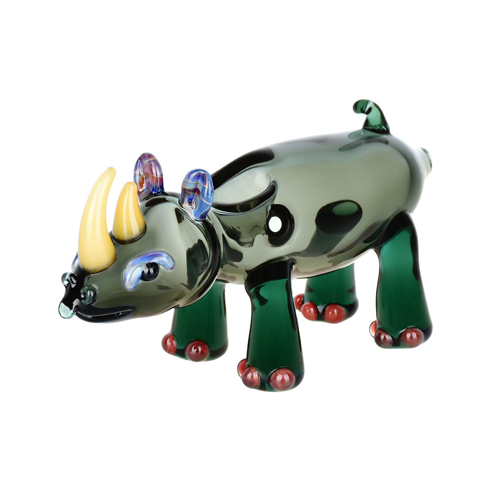 Rhino-shaped borosilicate glass hand pipe with colored accents, 4.5" length, angled side view