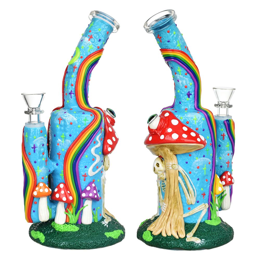 Wide Eyed Shroom & Skeleton Bong Glow in the Dark - Front & Side View