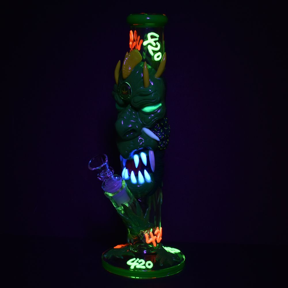 420 Dragon Glow in the Dark Water Pipe, 11.8" tall with 14mm female joint, front view on black background