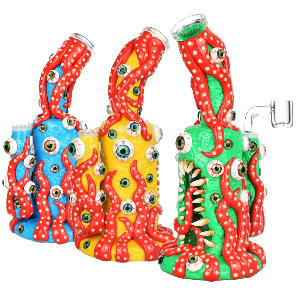 Octo Eyeballz Glow In Dark Dab Rigs in red, blue, yellow, and green with intricate eye details