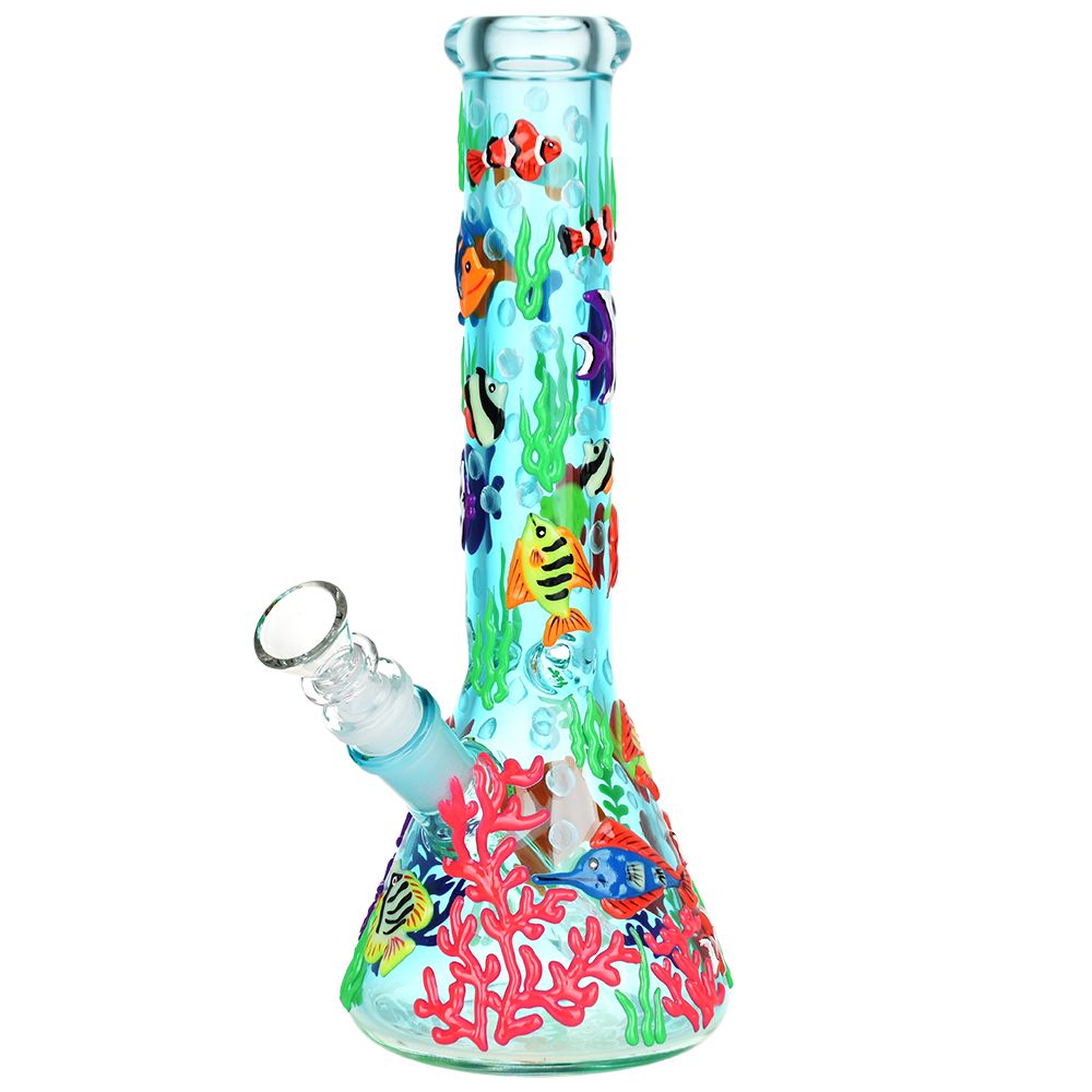 Reef Riot 10" Glow In The Dark Beaker Water Pipe with colorful sea life designs, front view