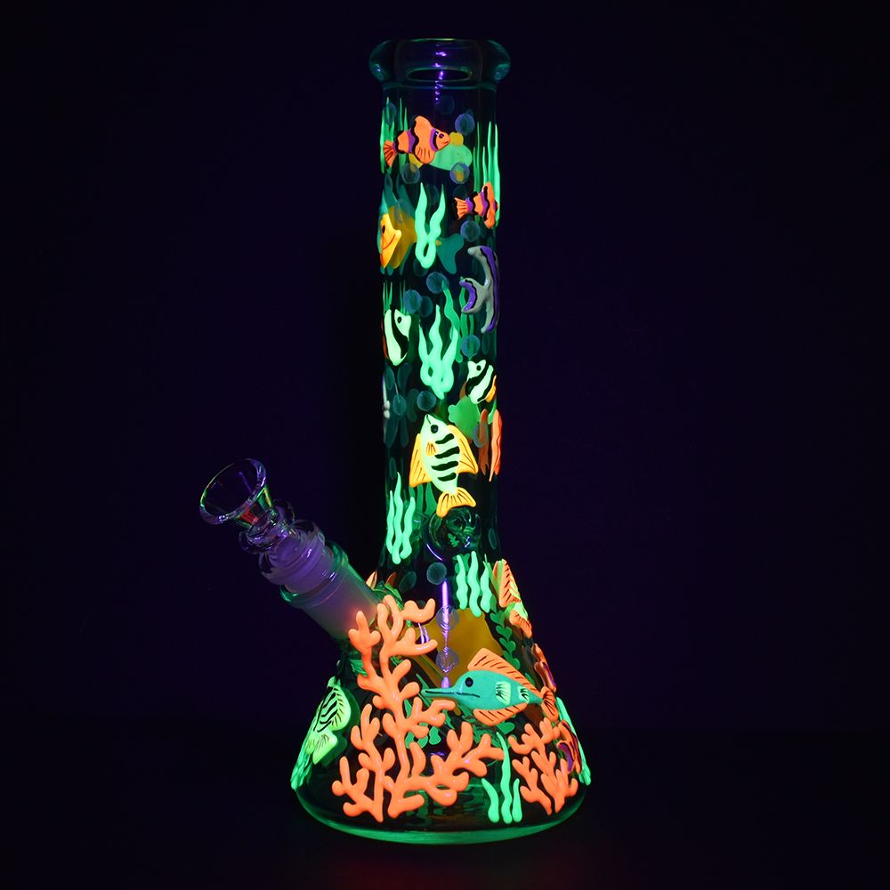 Reef Riot Glow In The Dark Beaker Water Pipe - 10" with 14mm bowl, front view on black background