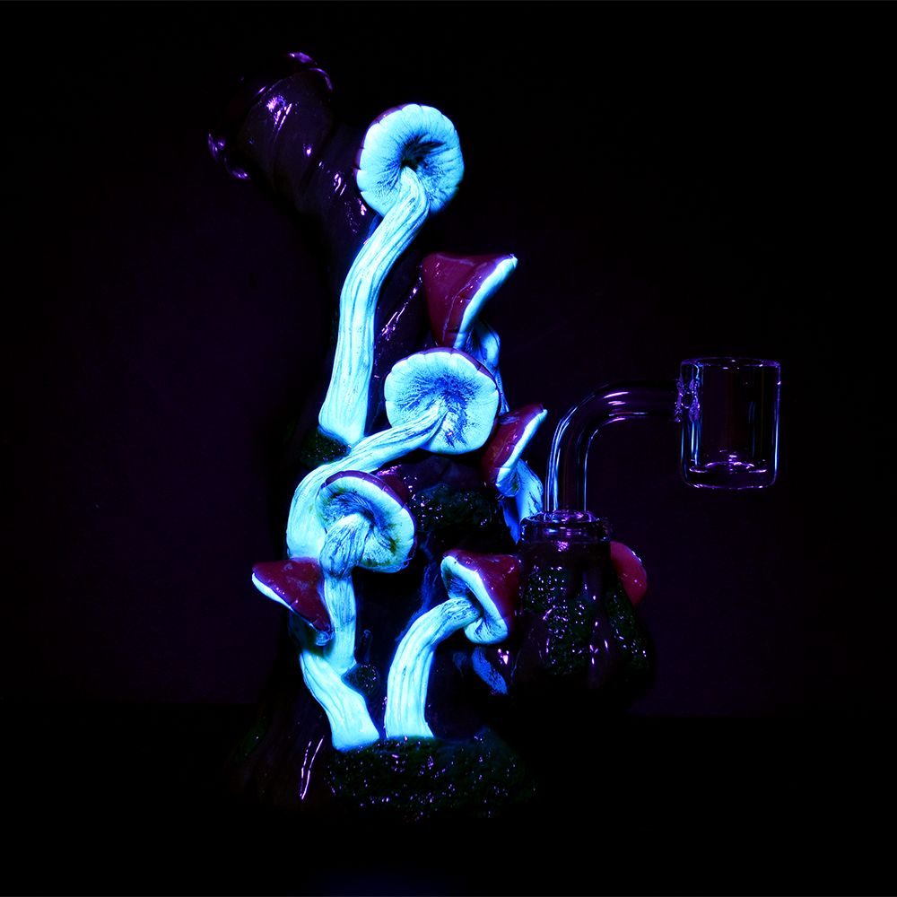 Mossy Forest Mushroom Dab Rig with quartz bucket, 6.75" tall, 14mm female joint, front view on black background