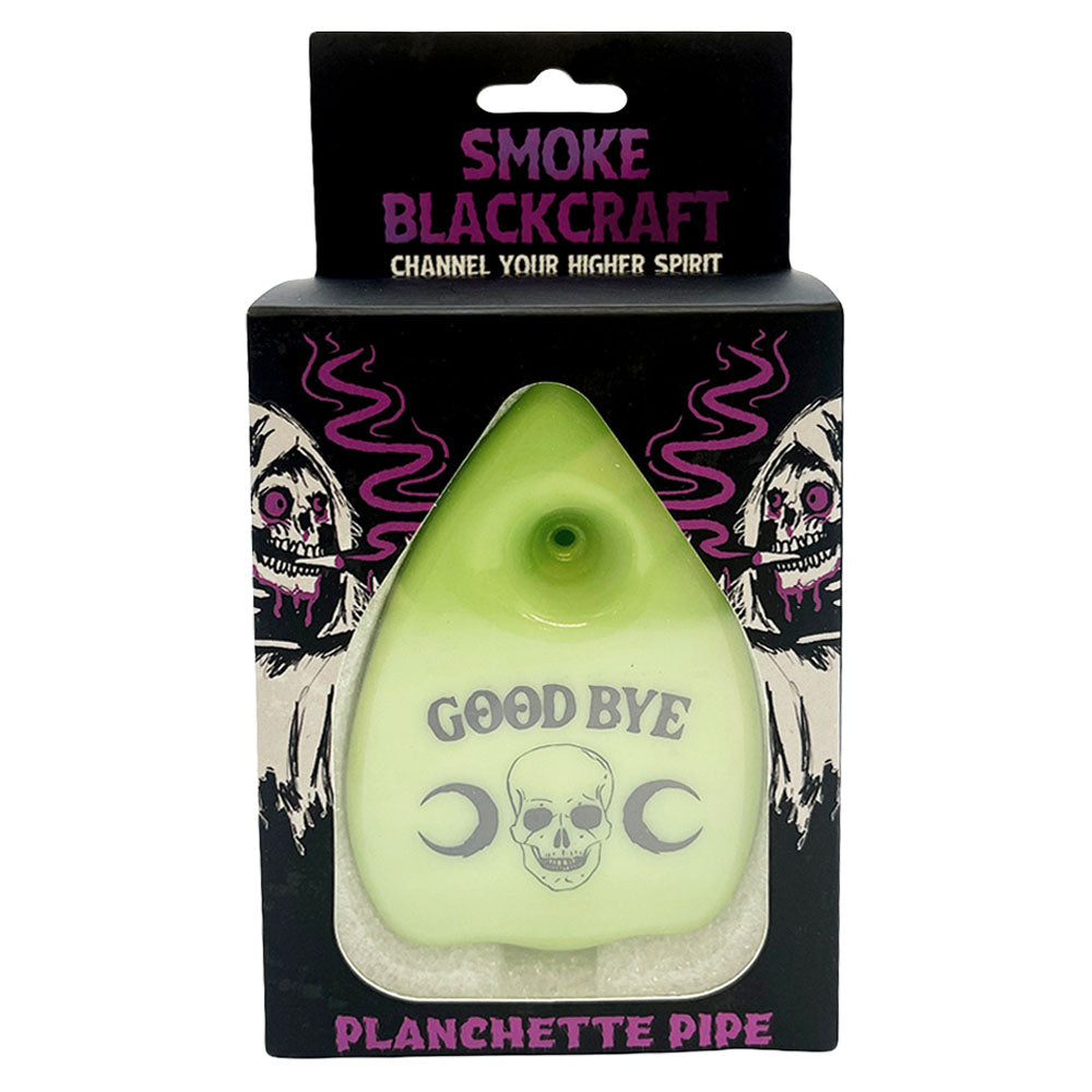 Smoke BlackCraft Planchette Glass Hand Pipe - Front View with Ouija Design