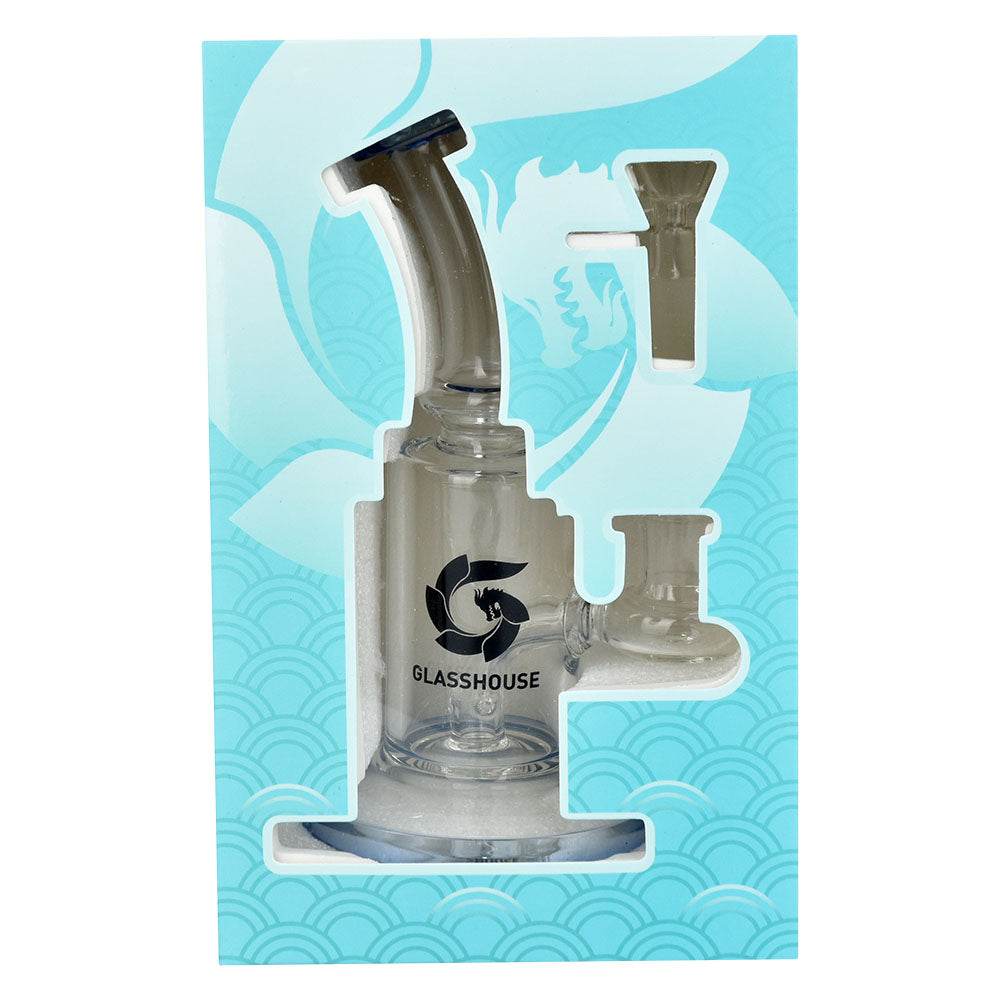 Glasshouse Bent Neck Water Pipe with 14mm Female Joint, Front View on Patterned Background