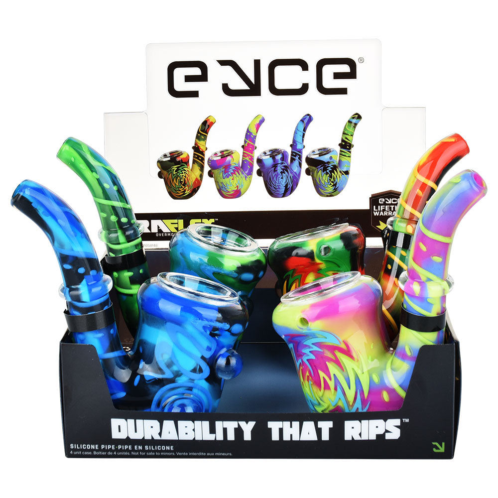 Eyce Oraflex Silicone Sherlock Pipes in assorted colors displayed in a box, durable and portable