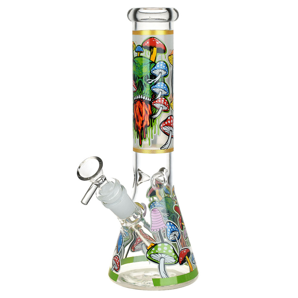 Monsters And Shrooms Glow Glass Beaker Water Pipe - 10" with vibrant designs, front view on white background