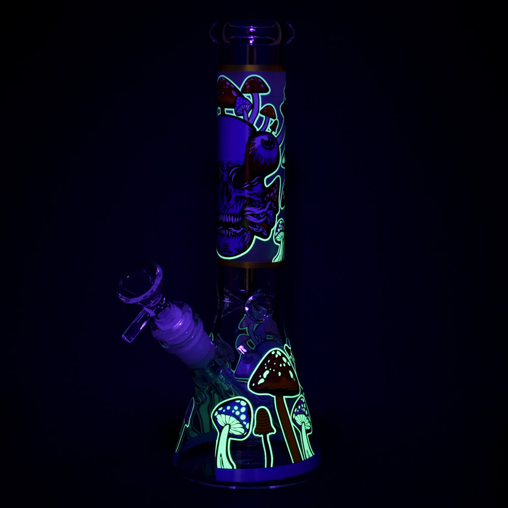 Monsters And Shrooms Glow Glass Beaker Water Pipe - 10" with 14mm Female Joint, Front View