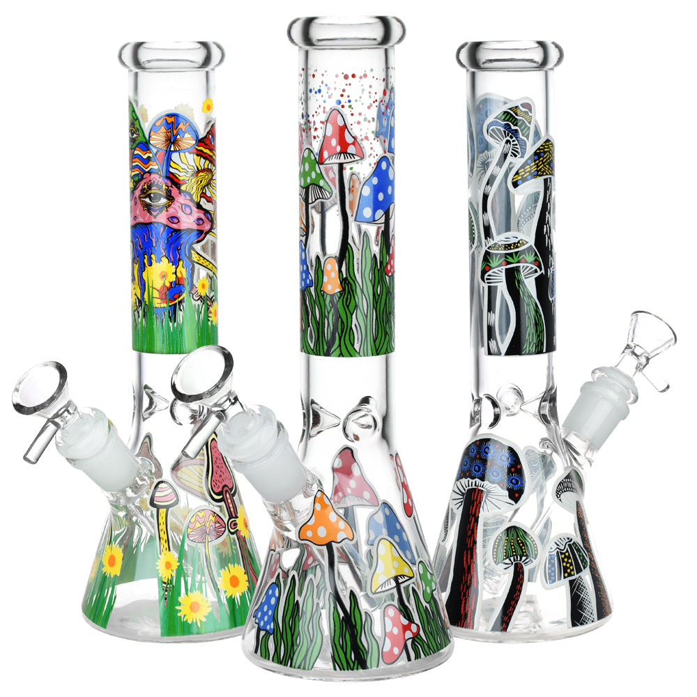 Assorted Shrooms Are Watching Glow Glass Beaker Water Pipes with psychedelic mushroom designs, 10" size, 14mm female joint, front view.