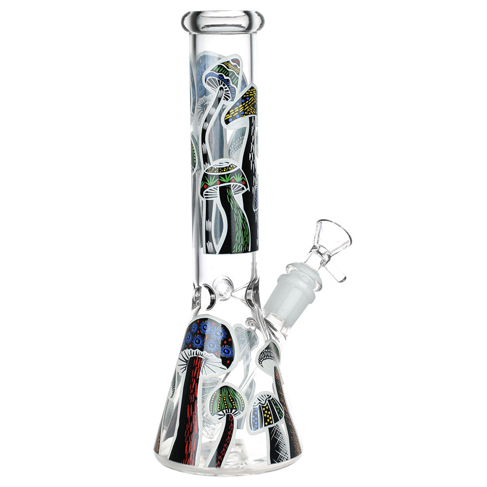 10" Shrooms Are Watching Glow Glass Beaker Water Pipe with 14mm Female Joint - Front View