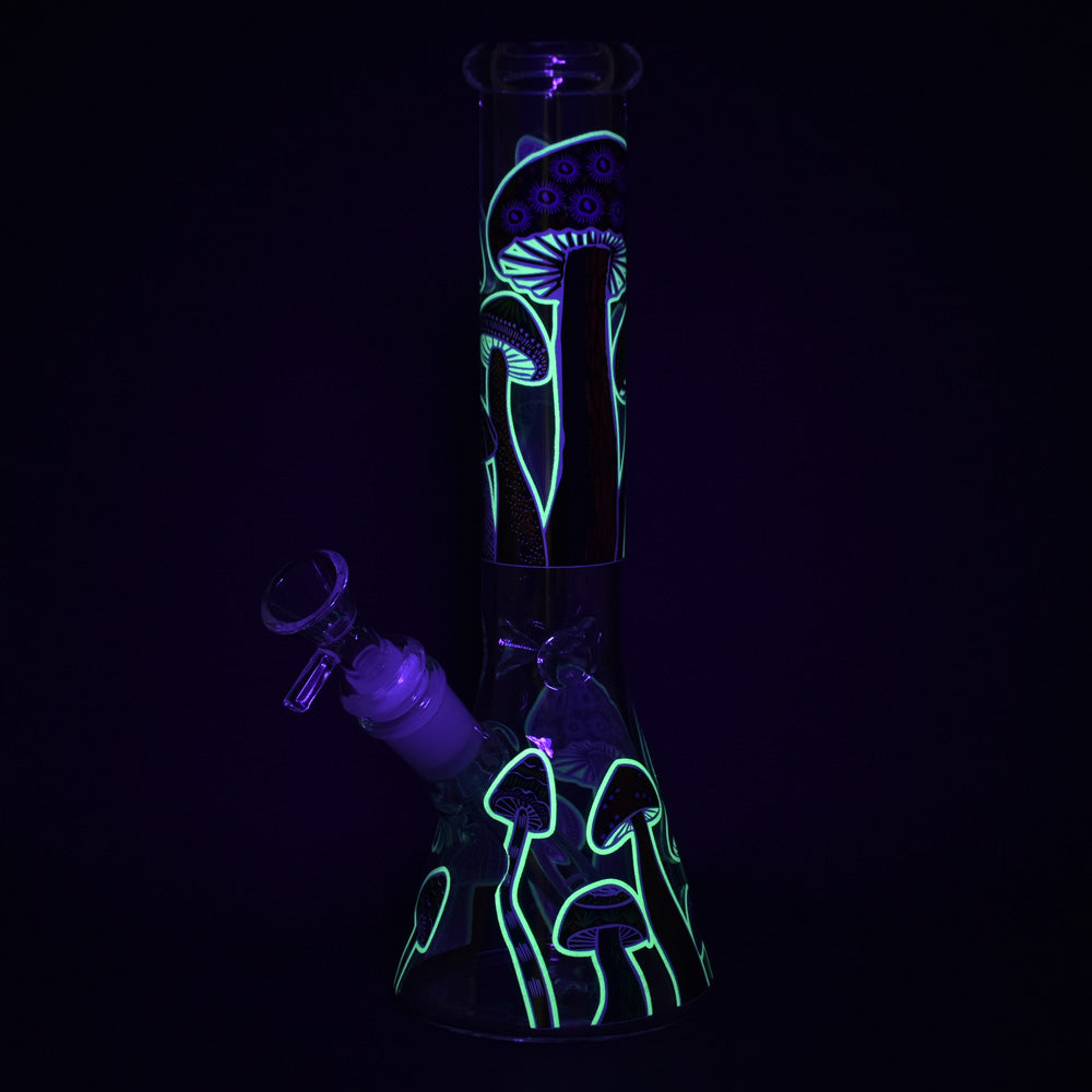 Glow-in-the-dark Shrooms Glass Beaker Water Pipe - 10" with 14mm Female Joint, Front View
